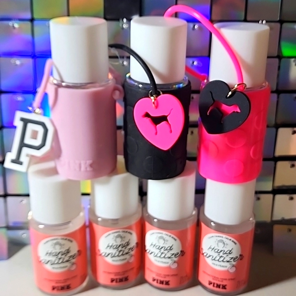 2 Victoria’s Secret PINK Wild Peach 2.5 FLoz Hand Sanitzer & 2 Cozies NEW
